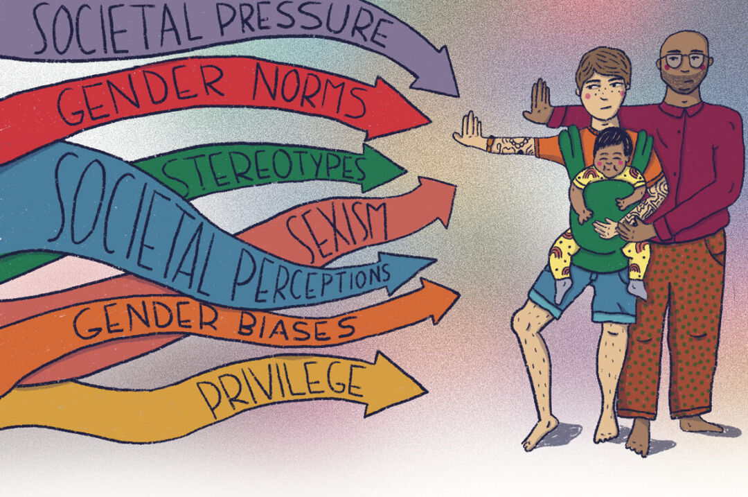 An illustration of an interracial LGBTQ+ couple rejecting social norms about sex and gender. Arrows pointing at them say "societal pressure," "gender norms," "stereotypes," "societal perceptions," "sexism," "gender biases," and "privilege"