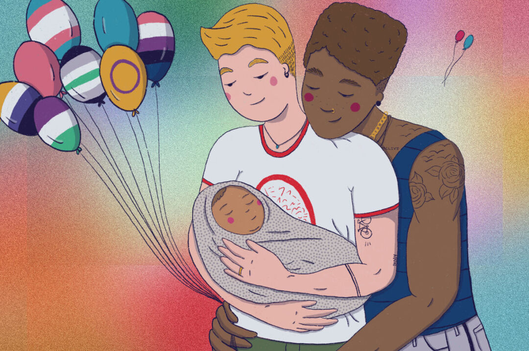An illustration of an interracial LGBTQ+ couple with their baby and balloons that are decorated in the colors of various queer pride flags to representing different identities.