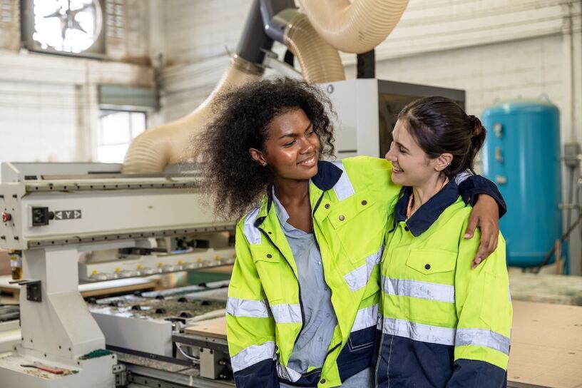 happy women worker friendship enjoy working together in modern factory. lovely close friends in workplace, employment, discrimination protections