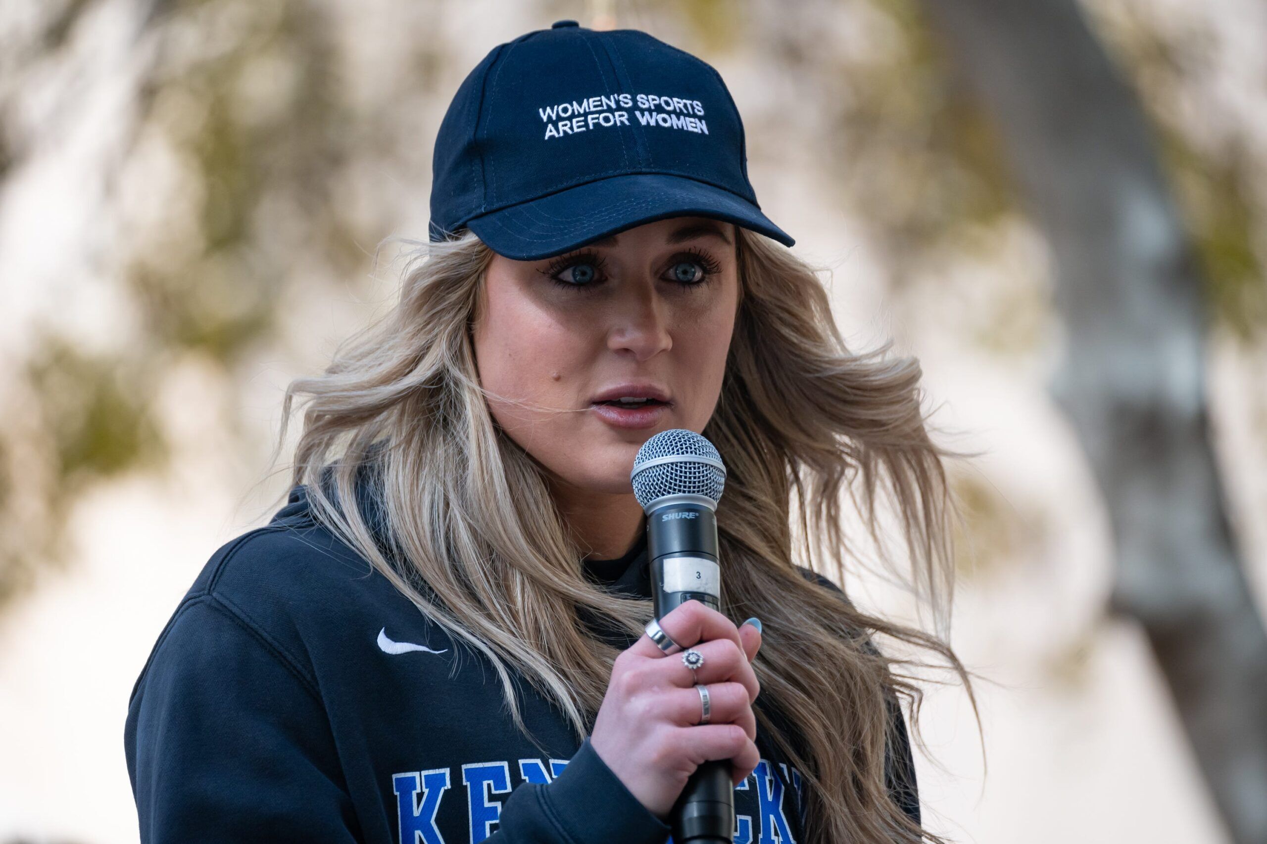 Riley Gaines speaks at supporters at Independent Women s Forum's \"Our Bodies, Our Sports: We Won't Back Down\" rally outside Phoenix City Hall on Jan. 11, 2024, in Phoenix.