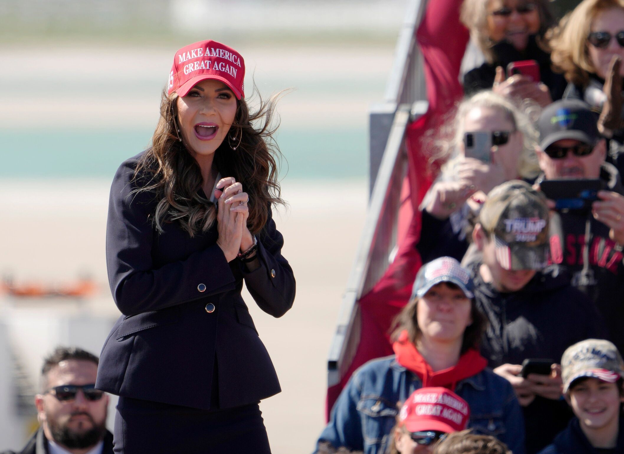 March 16, 2024; Dayton, Ohio: Gov. Kristi Noem made an appearance ahead of former President Donald Trump at a campaign stop