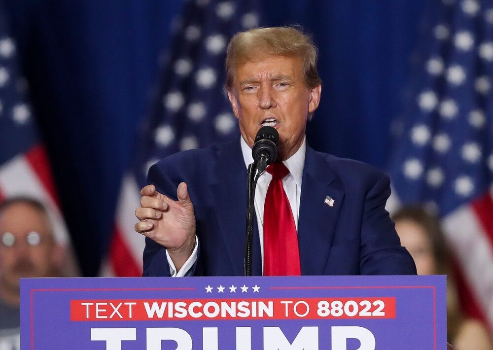 Donald Trump addresses his supporters during a campaign rally on Tuesday, April 2, 2024, at the KI Convention Center in Green Bay, Wisconsin