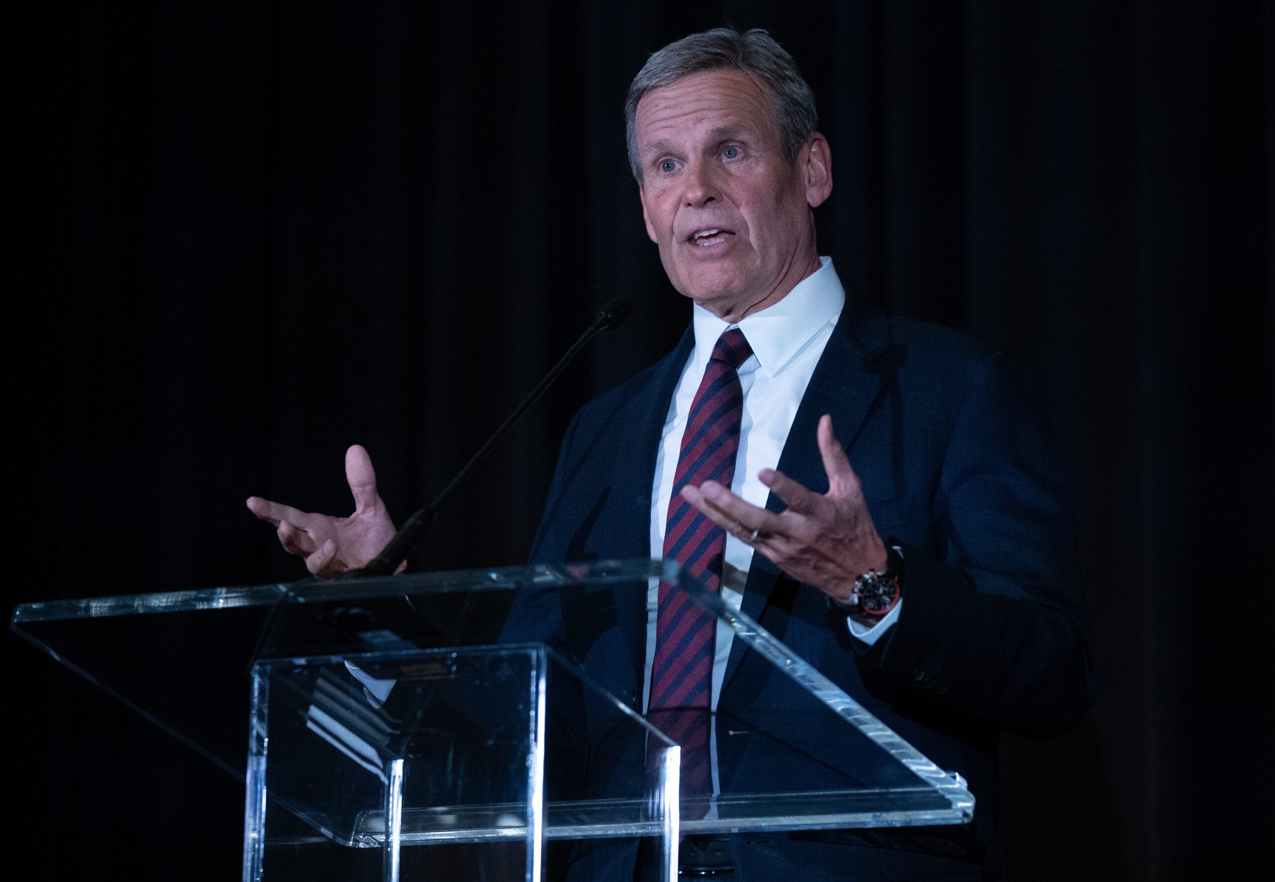 Tennessee Gov. Bill Lee speaks at the grand opening celebration at the Hilton BNA Nashville Airport Terminal hotel in Nashville, Tenn., Wednesday, April 3, 2024.