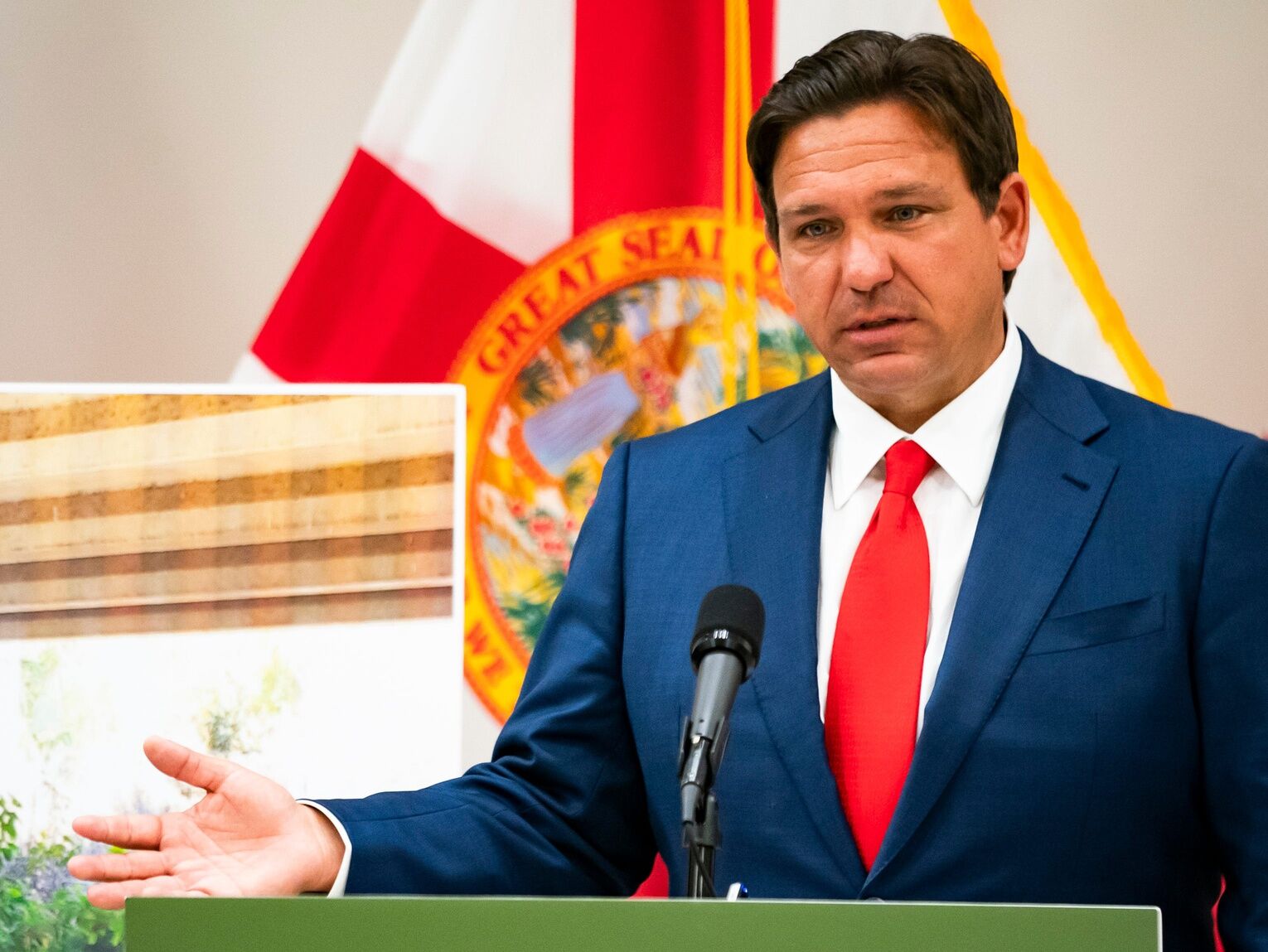 Gov. Ron DeSantis speaks during a press conference at the FGCU Kapnick Education and Research Center in Naples on Tuesday, April 23, 2024.