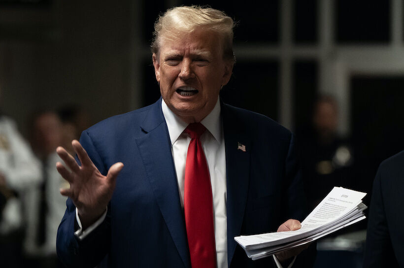 May 10, 2024; New York, NY, USA; Former US President Donald Trump speaks to reporters after the day’s proceedings in his criminal trial at Manhattan criminal court. Mandatory Credit: Todd Heisler/Pool via USA TODAY NETWORK