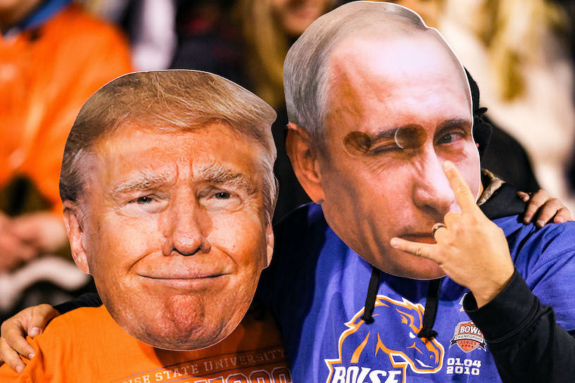Oct 21, 2017; Boise, ID, USA; Boise State fans wearings masks with the likenesses of U.S. President Donald Trump and Russian President Vladimir Putin take in the action between the Boise State Broncos and the Wyoming Cowboys during the second half at Albertsons Stadium. Boise State defeated Wyoming 24-14. Mandatory Credit: Brian Losness-USA TODAY Sports