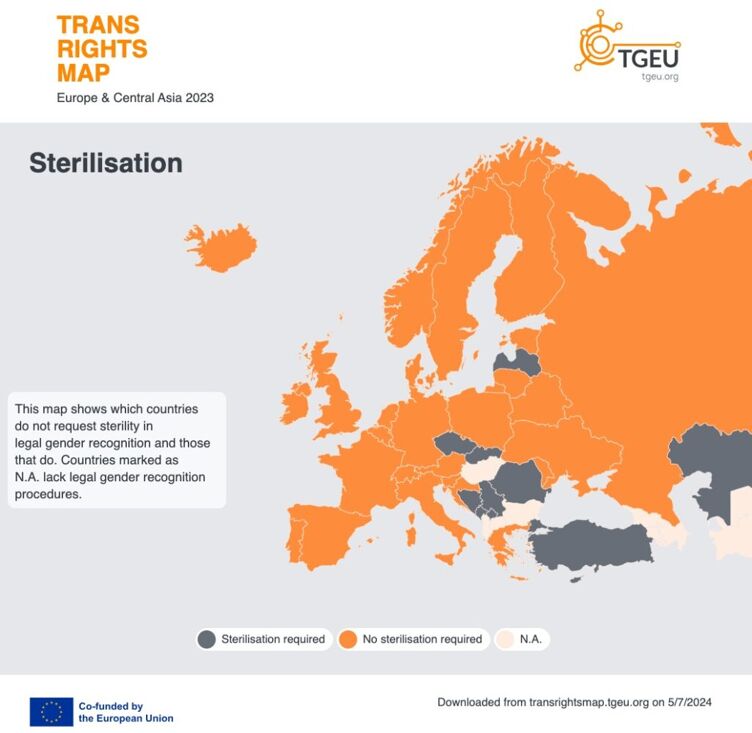 A 2023 map showing European countries that require trans people to undergo forced sterilization