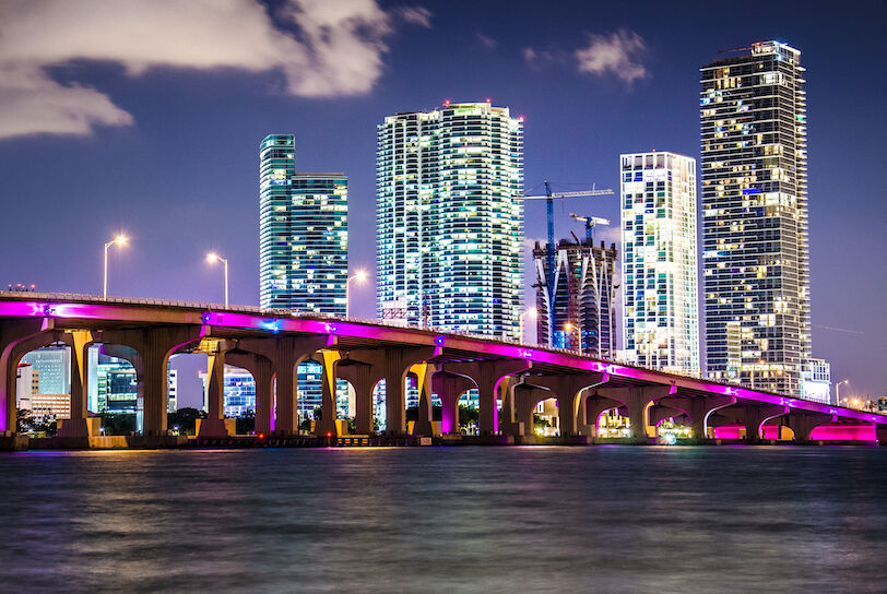 Bayside Marketplace Miami Downtown behind MacArthur Causeway shot from Venetian Causeway