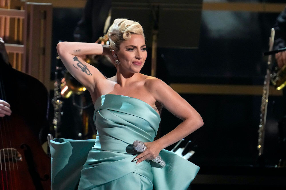 Apr 3, 2022; Las Vegas, NV, USA;   Lady Gaga performs during the 64th Annual Grammy Awards at the MGM Grand Garden Arena in Las Vegas. Mandatory Credit: Robert Hanashiro-USA TODAY