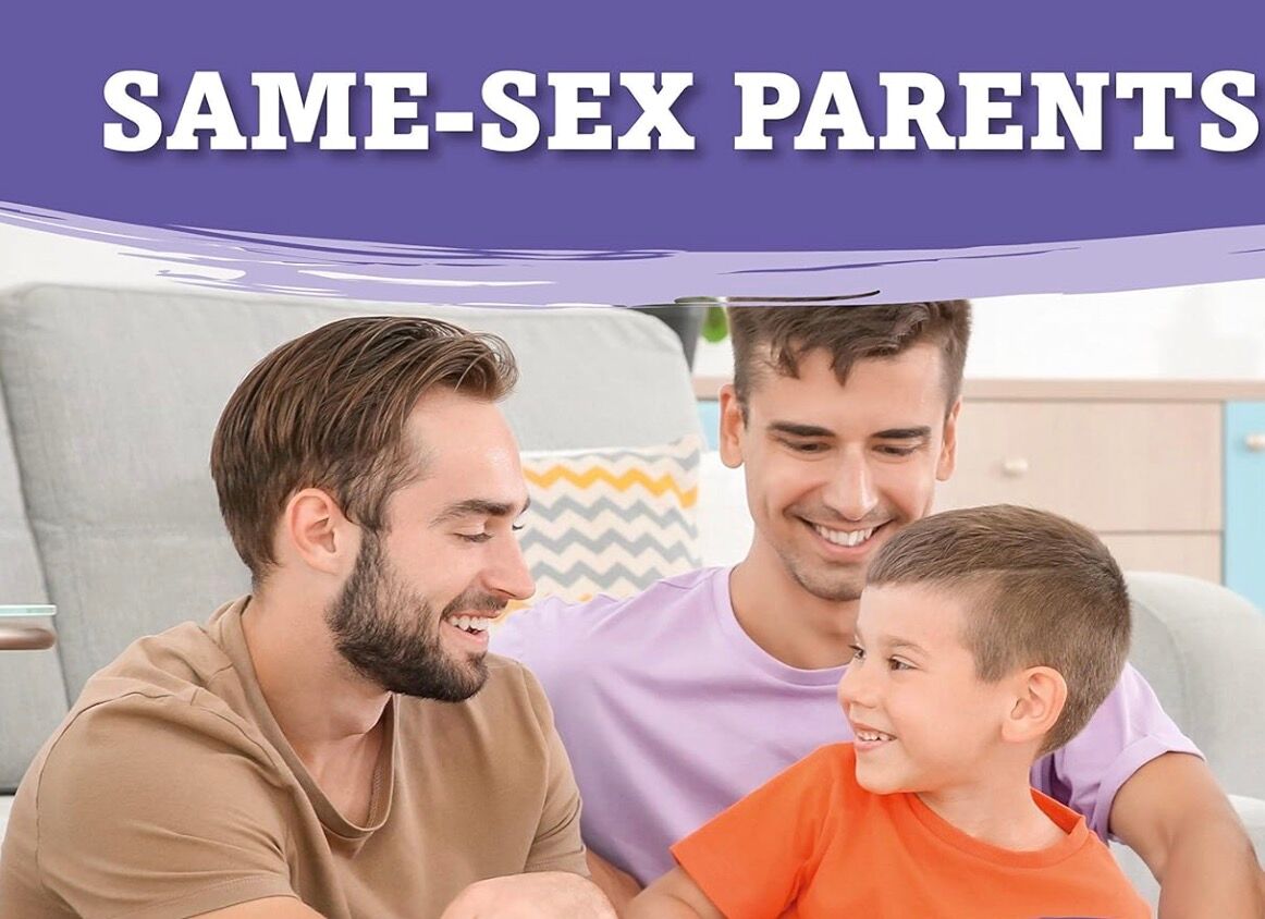 The cover of "Same-Sex Parents" by Holly Duhig. Two dads smile with their child.