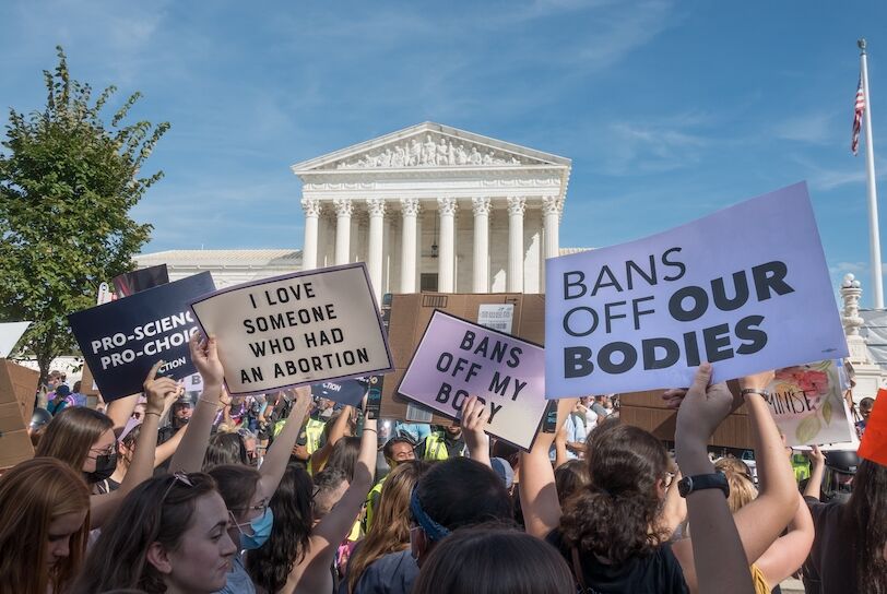 WASHINGTON, DC - OCT. 2, 2021: Women's March in Washington demanding continued access to abortion after the ban on most abortions in Texas, and looming threat to Roe v Wade in upcoming Supreme Court.