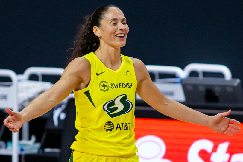 Oct 6, 2020; Bradenton, Florida, USA; Seattle Storm guard Sue Bird (10) celebrates with teammates during game three of the 2020 WNBA Finals at IMG Academy. Mandatory Credit: Mary Holt-USA TODAY Sports