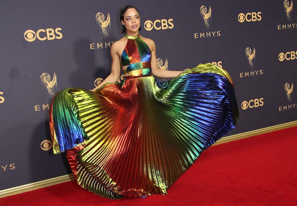 Sep 17, 2017; Los Angeles, CA, USA; 
Tessa Thompson arrives on the red carpet at the 69th Emmy Awards at the Microsoft Theater. Mandatory Credit: Dan MacMedan-USA TODAY