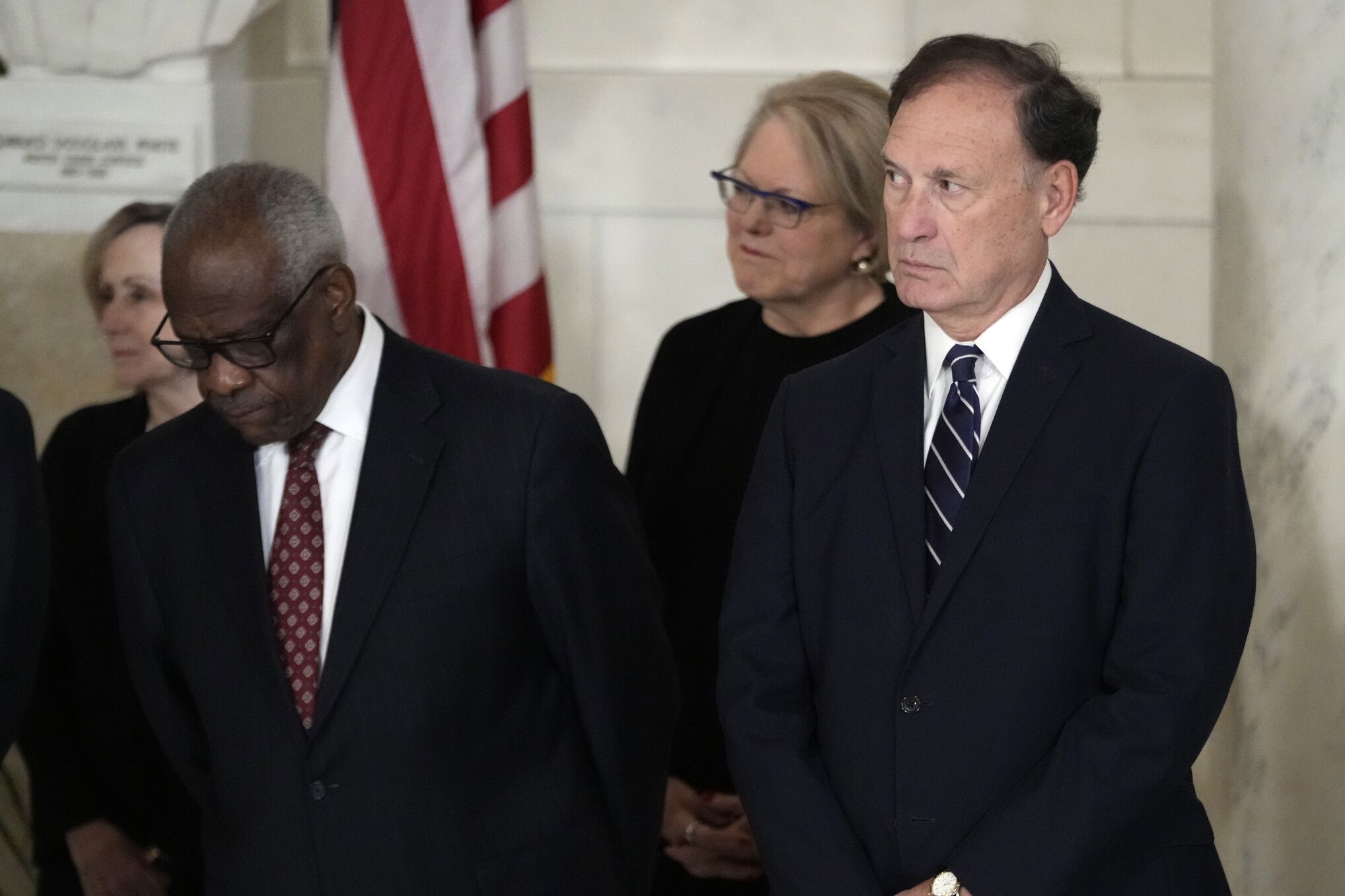 Dec 18, 2023; Washington DC: Supreme Court Justice Clarence Thomas and Justice Samuel Alito attend a private ceremony for retired Supreme Court Justice Sandra Day O’Connor before public repose in the Great Hall at the Supreme Court