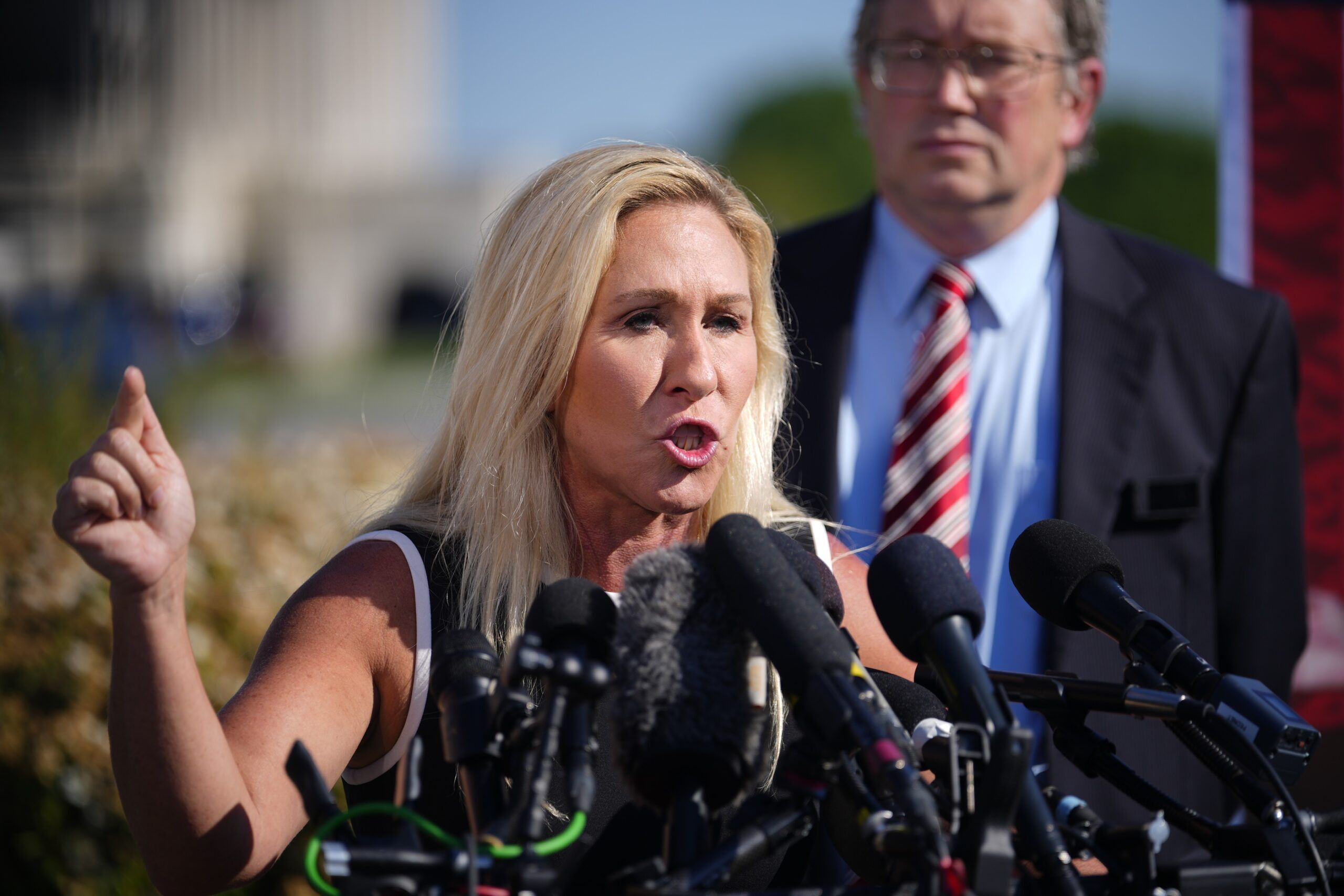 May 1, 2024; Washington, DC; Marjorie Taylor Greene (R-Ga.) speaks during a press conference outside the US Capitol on potential motion to vacate against Speaker of the House Mike Johnson.