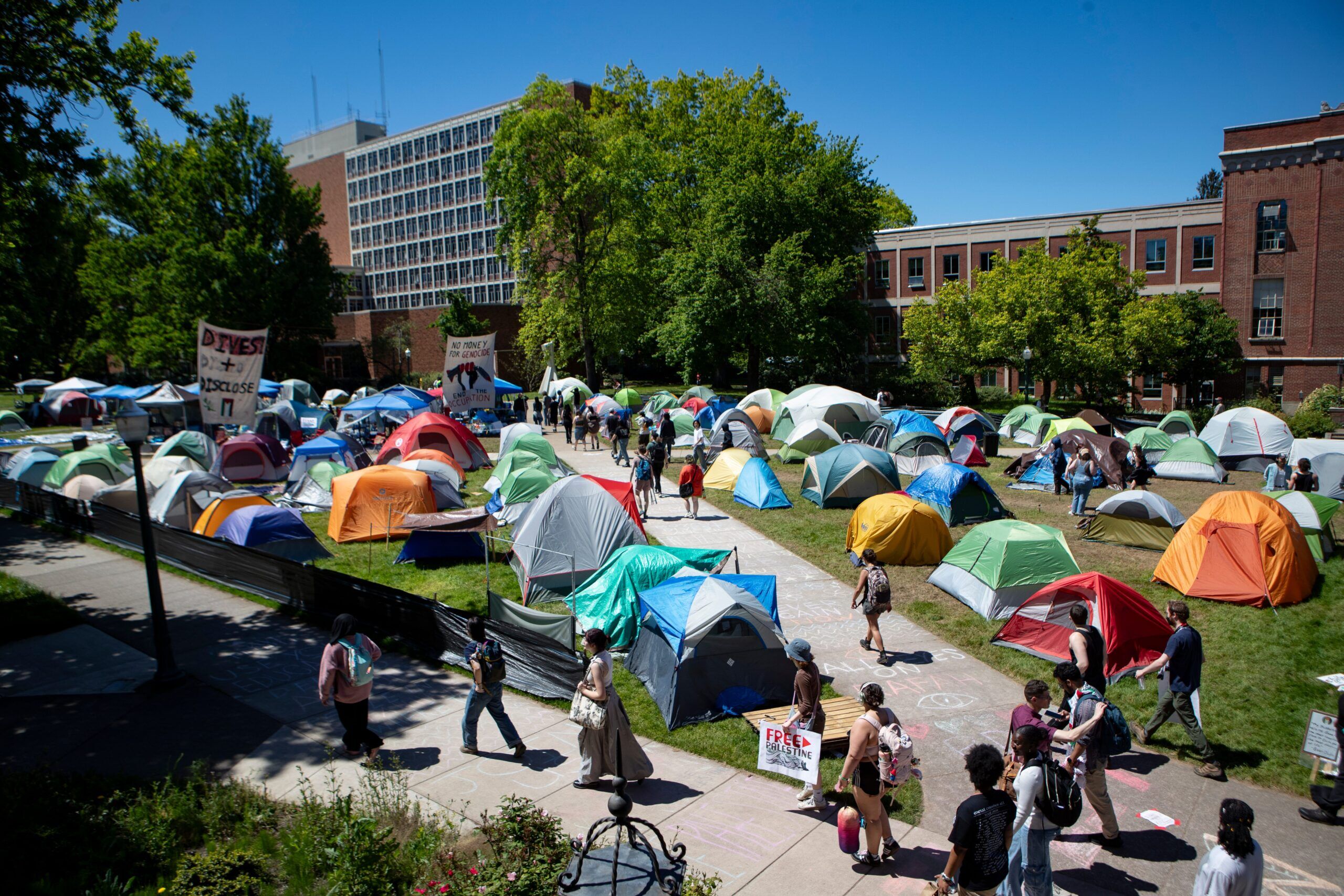 The pro-Palestinian encampment on the University of Oregon campus Friday, May 10, 2024, in support of a cease-fire in Gaza.