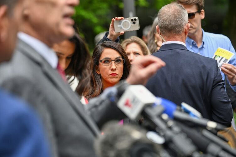 May 16, 2024; New York, NY, USA; Lauren Boebert looks on as GOP representatives hold a press conference outside of 100 center street where the Trump Hush money trial is taking place.
