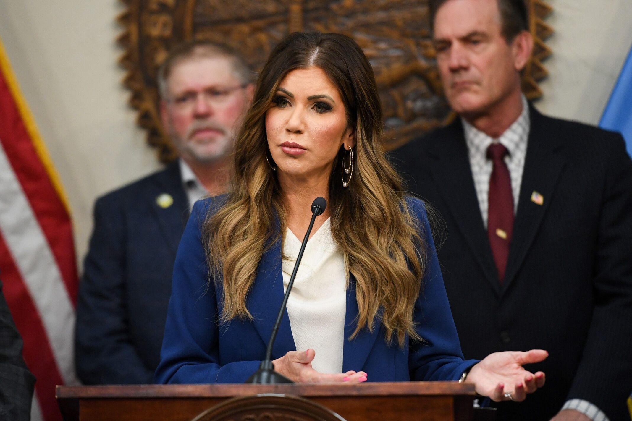South Dakota Gov. Kristi Noem discusses what she describes as a drug cartel presence in the state’s tribal lands on Friday, May 17, 2024, at the South Dakota State Capitol in Pierre, South Dakota.