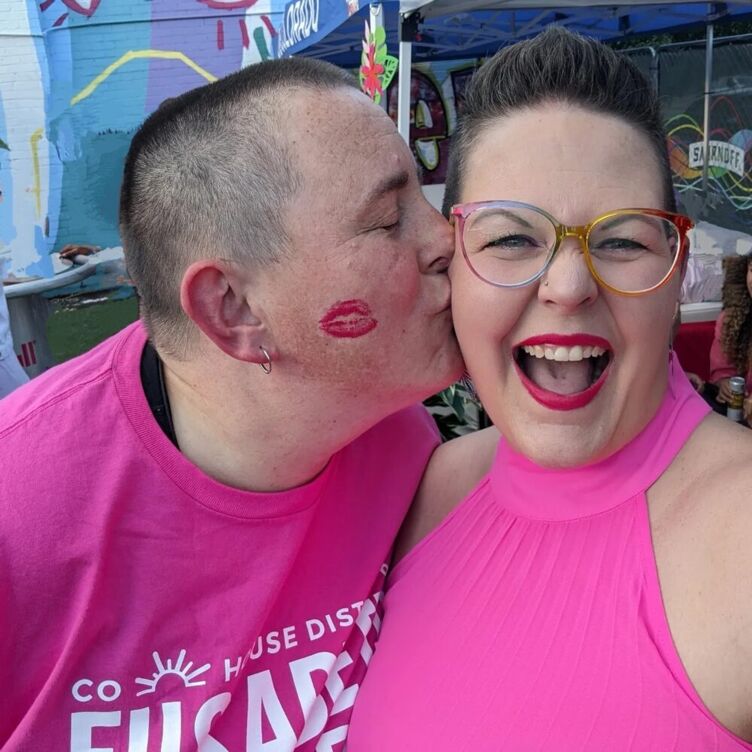 Jen Lowe, right, and her wife Wendy Howell at The Pink Party for One Colorado in 2023