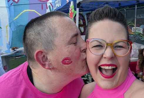 Jen Lowe & her wife celebrate Pride with a pink kiss each year