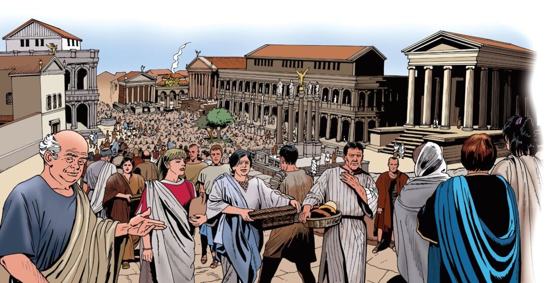 Ancient Rome - Drawing of crowd of men and women passing through the Roman Forum