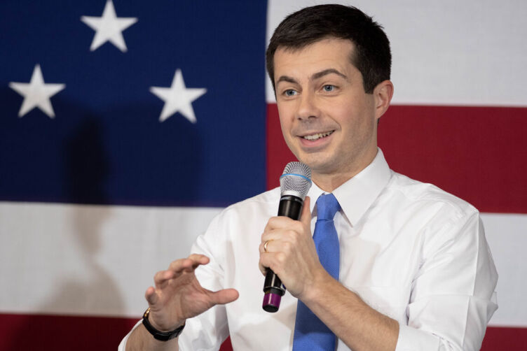 Then-Mayor Pete Buttigieg speaks at a town hall event on the campus of Southern New Hampshire