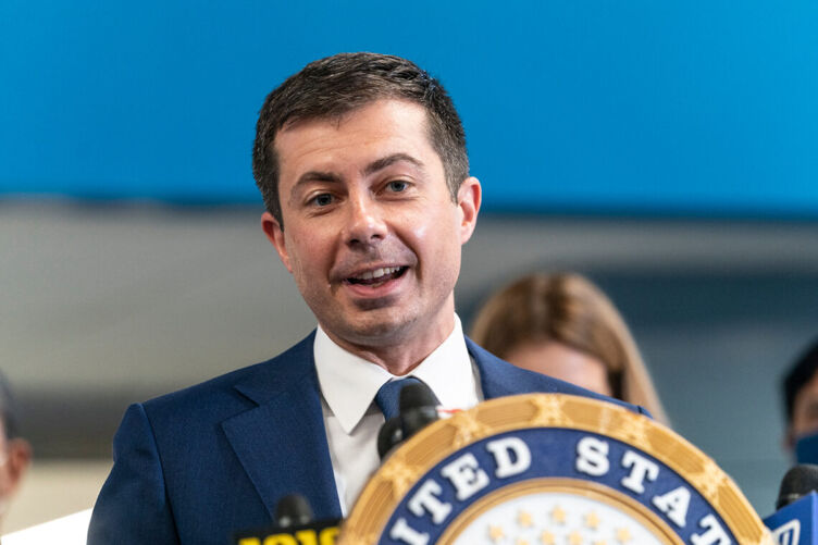 Pete Buttigieg speaks at a press conference in New York to green light Gateway Tunnel Project at Amtrak Concourse of Penn Station in 2021