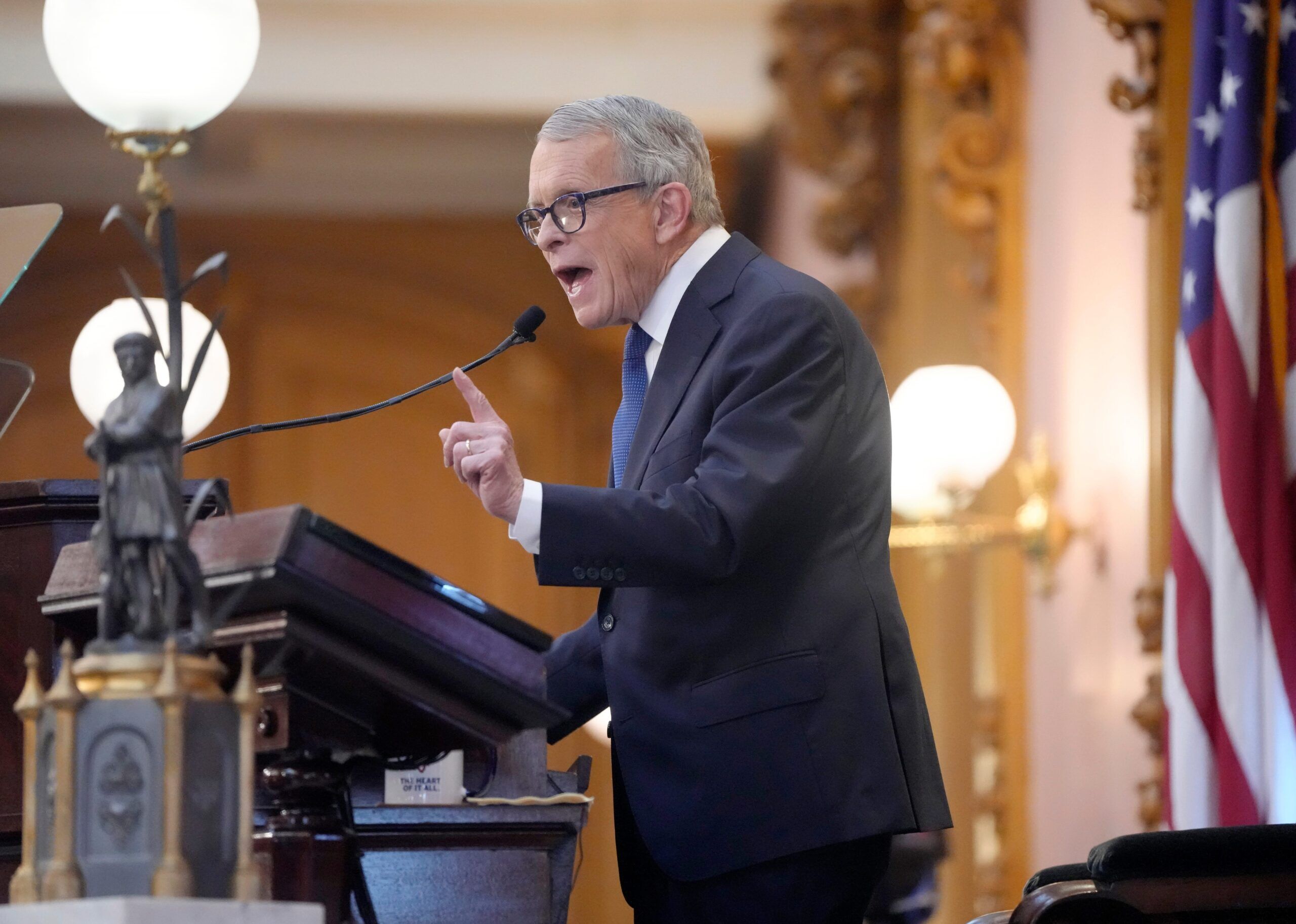 April 10, 2024; Columbus, Ohio; Ohio Governor Mike DeWine gives his 2024 State of the State address in the Ohio House chambers at the Ohio Statehouse on Wednesday afternoon.