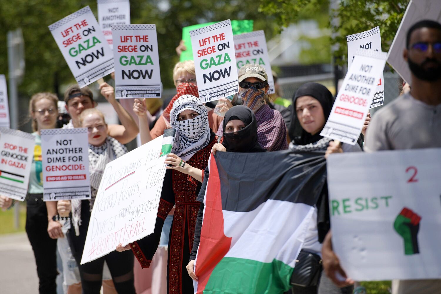 Pro Palestine protesters gathered in Jacksonville on May 1, 2024 to protest the Biden administration's support of Israel's war in Gaza as Vice President Kamala Harris held an event