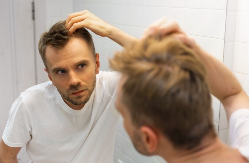 Middle aged caucasian white man with a short beard looks at his hair in the mirror in the bathroom and worried about balding. The concept of the problem of male hair loss, early baldness and alopecia.