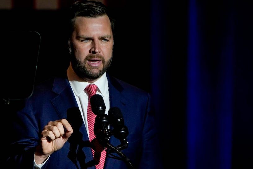 Vice presidential candidate JD Vance speaks at his rally inside Middletown High School, Monday, July 22, 2024. The Ohio senator is the running mate of former President Donald Trump.