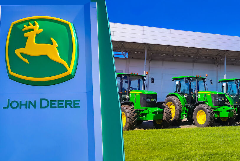 The Powerful tractors at John Deer store at Kyiv, Ukraine on June 16, 2020. Row of brand new John Deere tractors outside