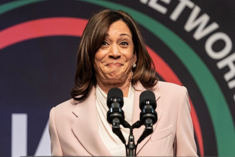 Vice President of the USA Kamala Harris speaks during NAN 2023 convention day 3 at Sheraton Times Square in New York on April 14, 2023