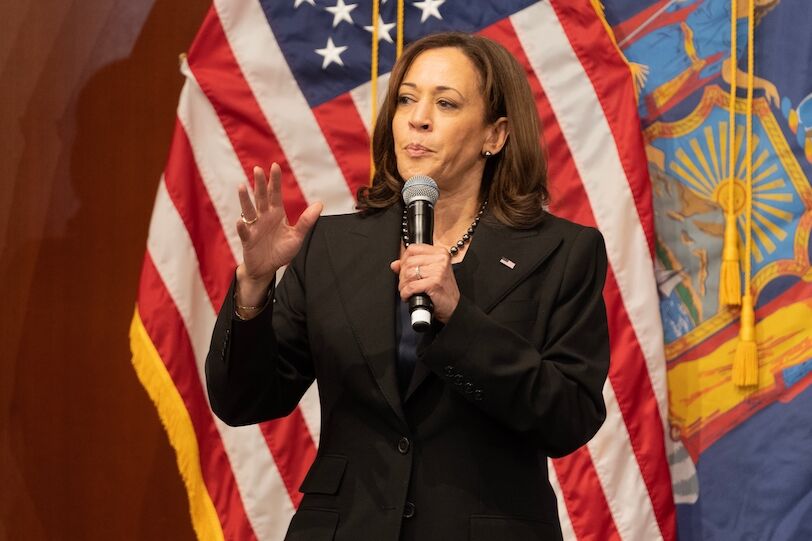 Vice President Kamala Harris speaks during election campaign rally organized by Columbia U Democrats at Barnard College on November 3, 2022