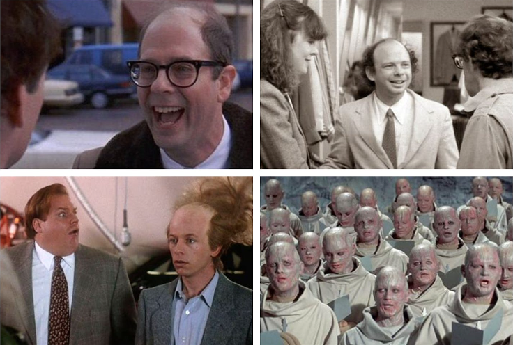 This image contains photo stills of bald white men — usually bad guys — from 4 different films in the 1980s