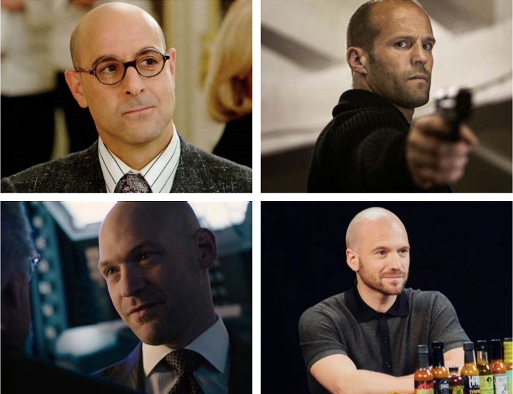 This image contains photo stills of bald white men — usually protagonists or likable characters — from 4 different films and TV shows in the 2000s