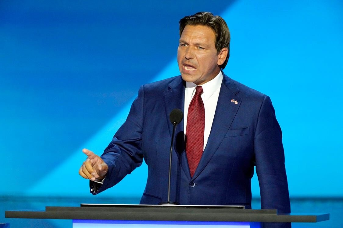 Florida Gov. Ron DeSantis delivers remarks during the second day of the Republican National Convention at the Fiserv Forum. The second day of the RNC focused on crime and border policies.