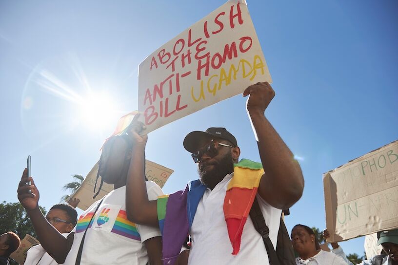 Cape Town, South Africa - March 31 2023: Protesters take to the streets over Uganda's anti-gay legislation after Uganda's President Yoweri Museveni signed it into law.