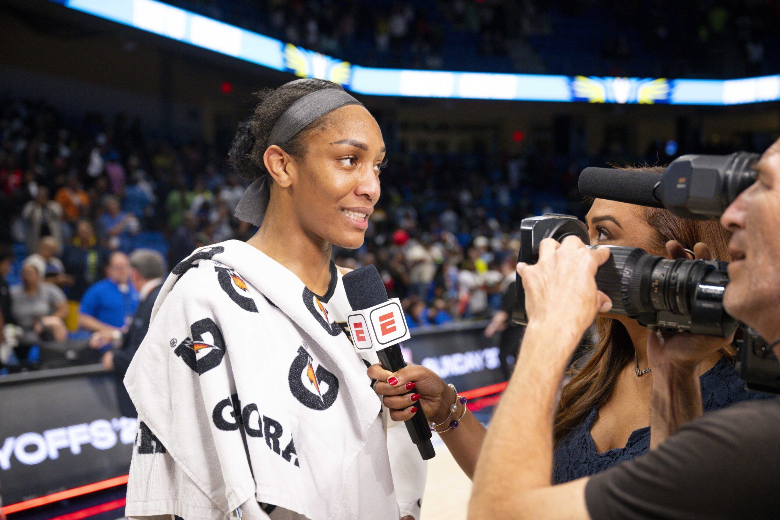 Sep 29, 2023; Arlington, Texas, USA; Las Vegas Aces forward A'ja Wilson (22) is interviewed after the Aces victory over the Dallas Wings during game three of the 2023 WNBA Playoffs at College Park Center