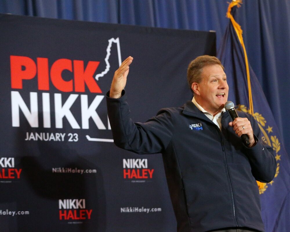 NH Gov. Chris Sununu introduces presidential candidate Nikki Haley during a town hall event held at Omni Mt. Washington Hotel &amp; Resort in Bretton Woods Jan. 16, 2024.