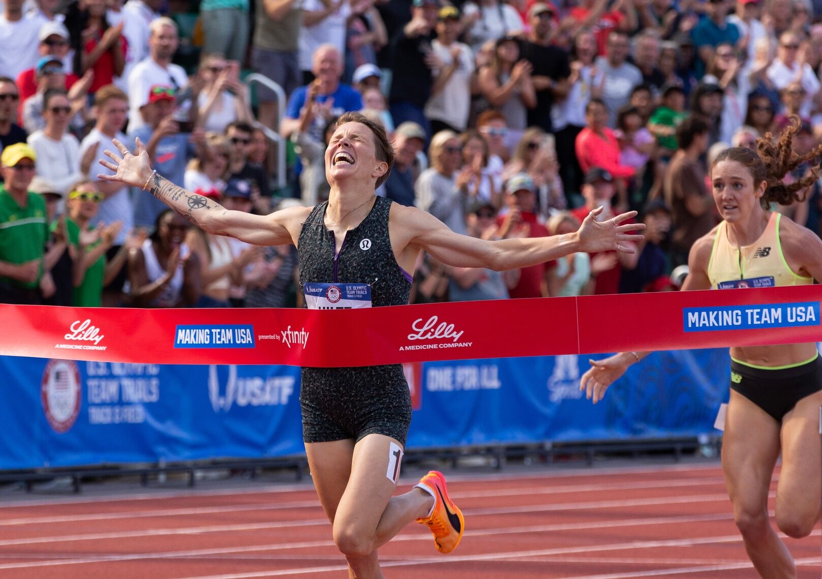 Nikki Hiltz, left, wins gold in the women’s 1,500 meters on the final day of the U.S. Olympic Track &amp; Field Trials in Eugene Sunday, June 30, 2024.