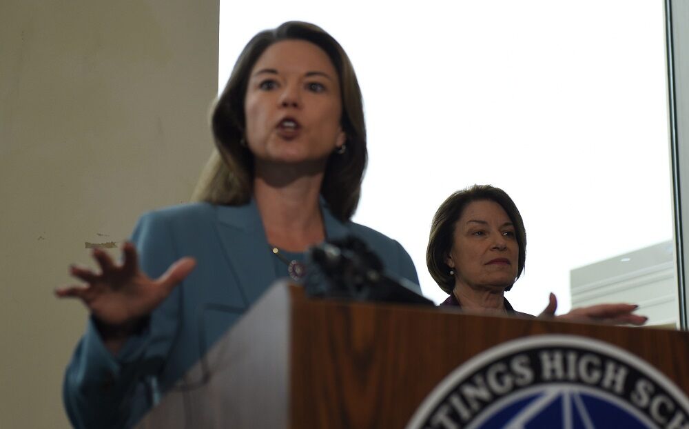 Minnesota Rep. Angie Craig (D-2) speaks at a press conference in Hastings on July 2, 2024 with about a bill to burb fentanyl sales via social media with Senator Amy Klobuchar (D-MN).