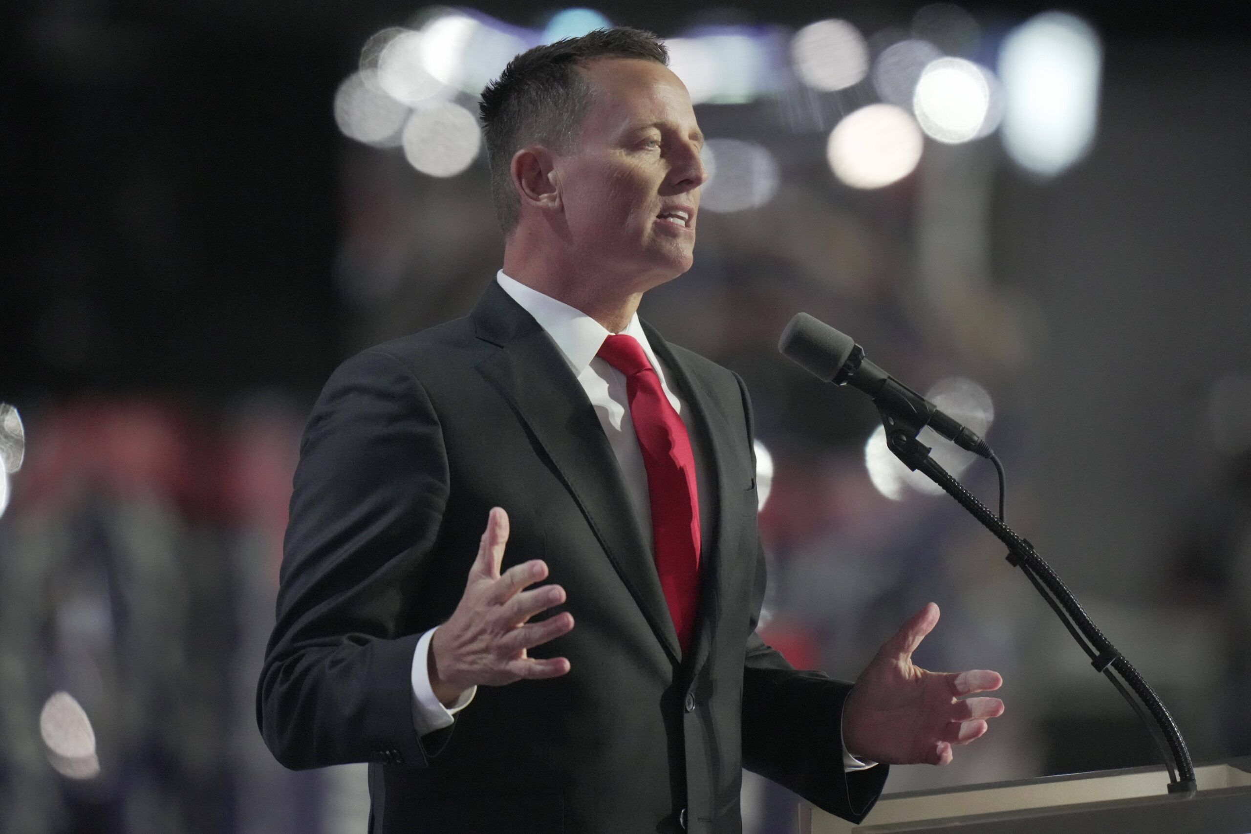 Jul 17, 2024; Milwaukee, WI; Ric Grenell, Former Acting Director of National Intelligence during the third day of the Republican National Convention at Fiserv Forum