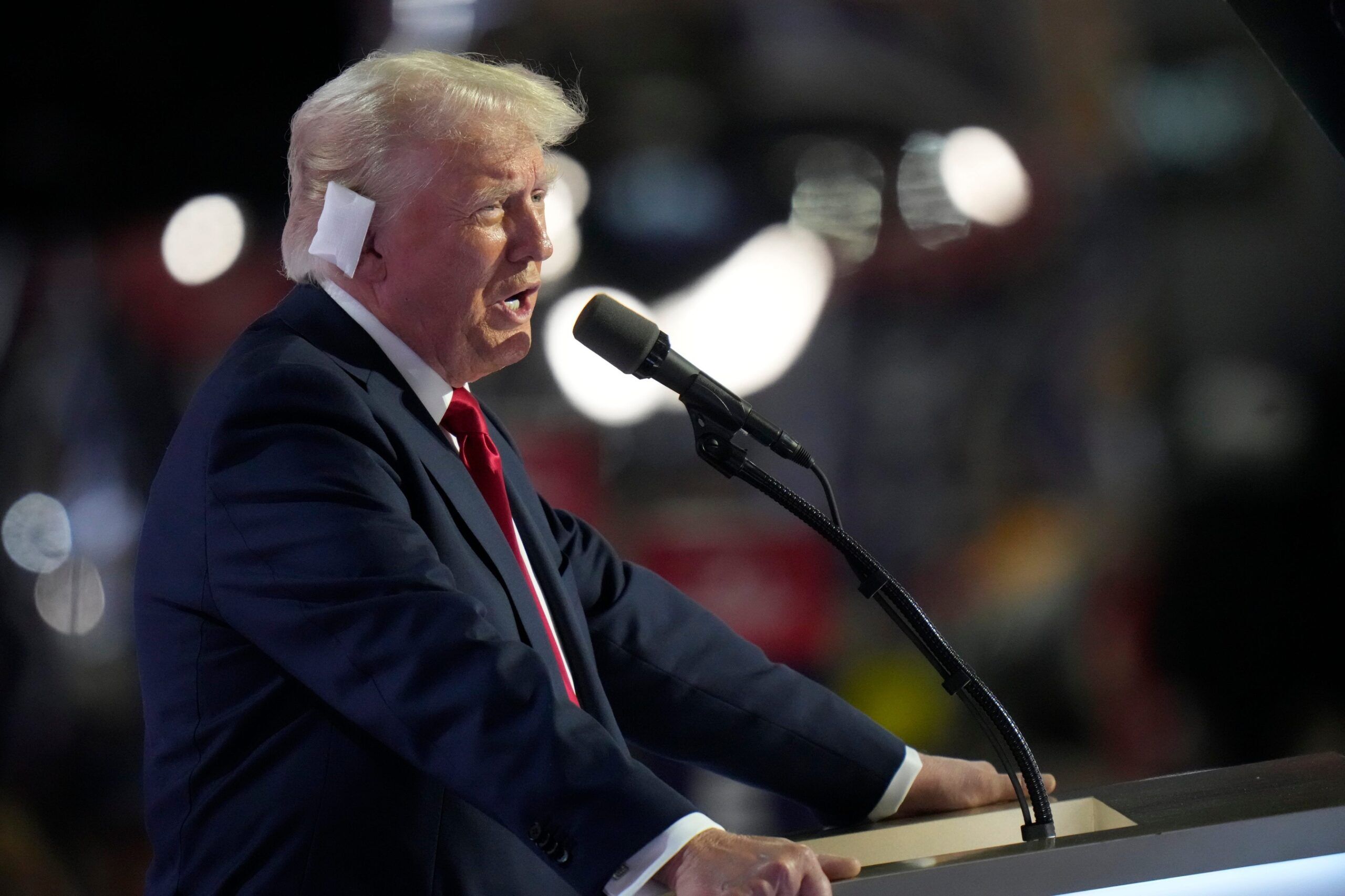 Jul 18, 2024; Milwaukee, WI; Donald Trump speaks during the final day of the Republican National Convention