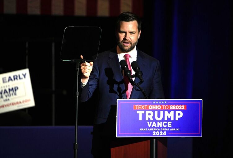 Vice presidential candidate JD Vance speaks at his rally inside Middletown High School, Monday, July 22, 2024