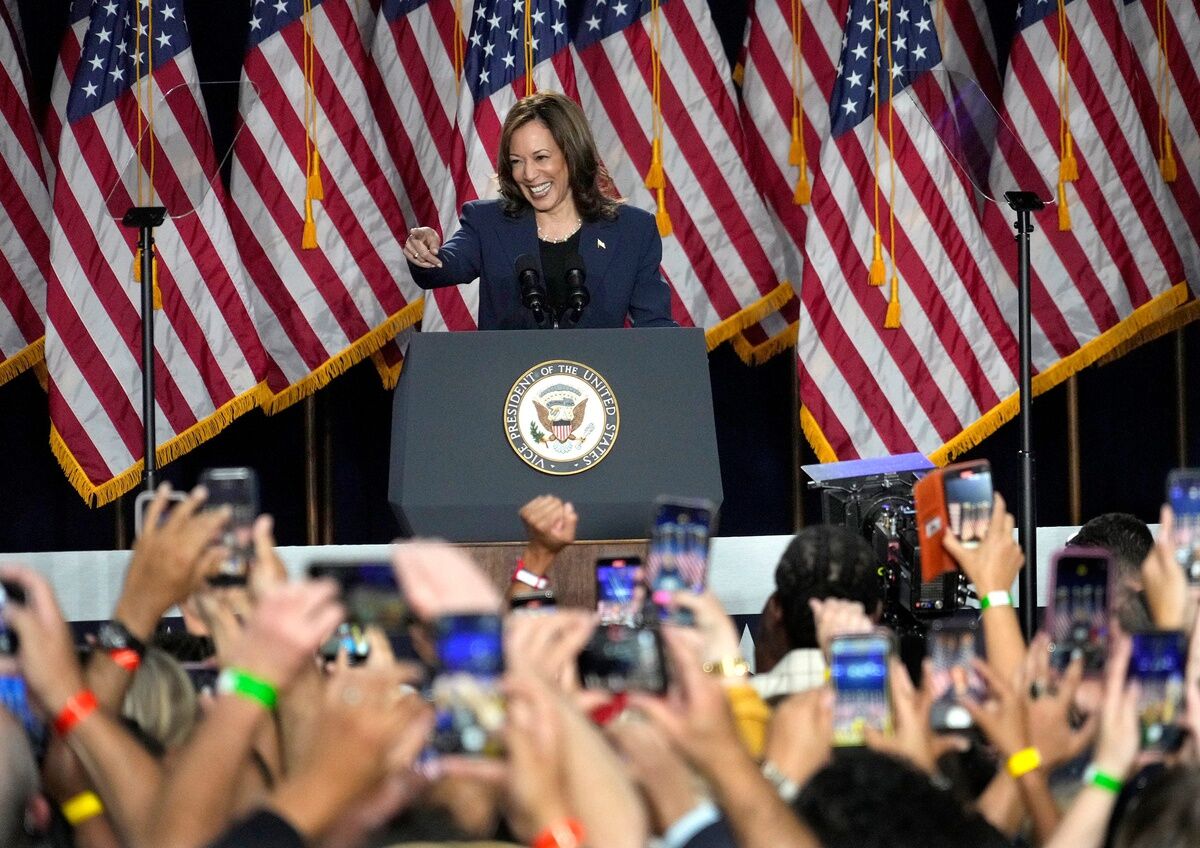 Vice President Kamala Harris speaks at her presidential campaign's first rally in West Allis, Wisconsin on July 23, 2024.