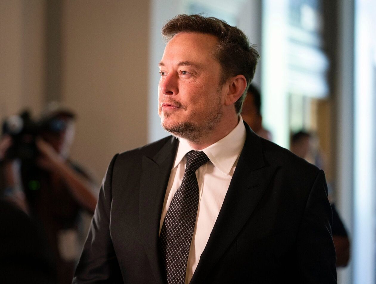 Elon Musk, X/Tesla CEO, arrives before the start of Senate Majority Leader Chuck Schumer, Senators Rounds, Heinrich And Young hosting the Inaugural Artificial Intelligence Insight Forum With Key AI Stakeholders