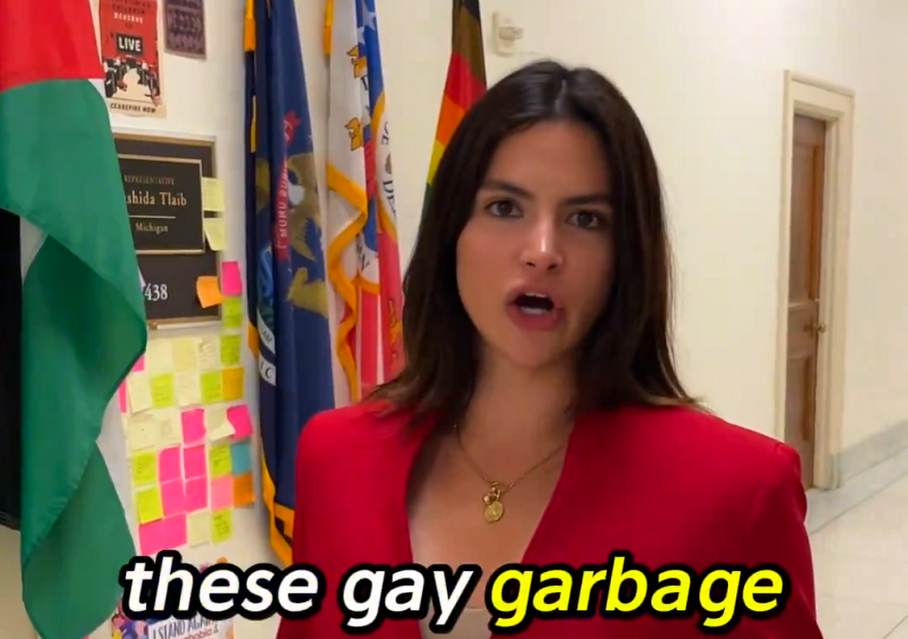 Valentina Gomez in front of Rep. Rashida Tlaib's office