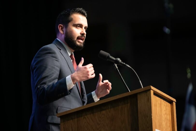 Colorado Republican state party chair Dave Williams speaks during the Colorado Republican Party's state assembly at the Southwest Motors Events Center on Saturday, April 6, 2024.