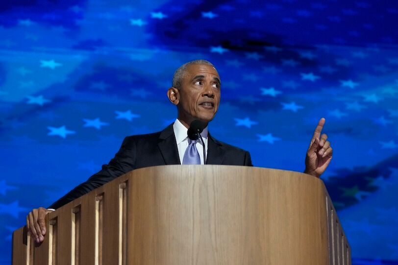 Aug 20, 2024; Chicago, IL, USA; Former President Barack Obama speaks during the second day of the Democratic National Convention at the United Center. Mandatory Credit: Mike De Sisti-USA TODAY